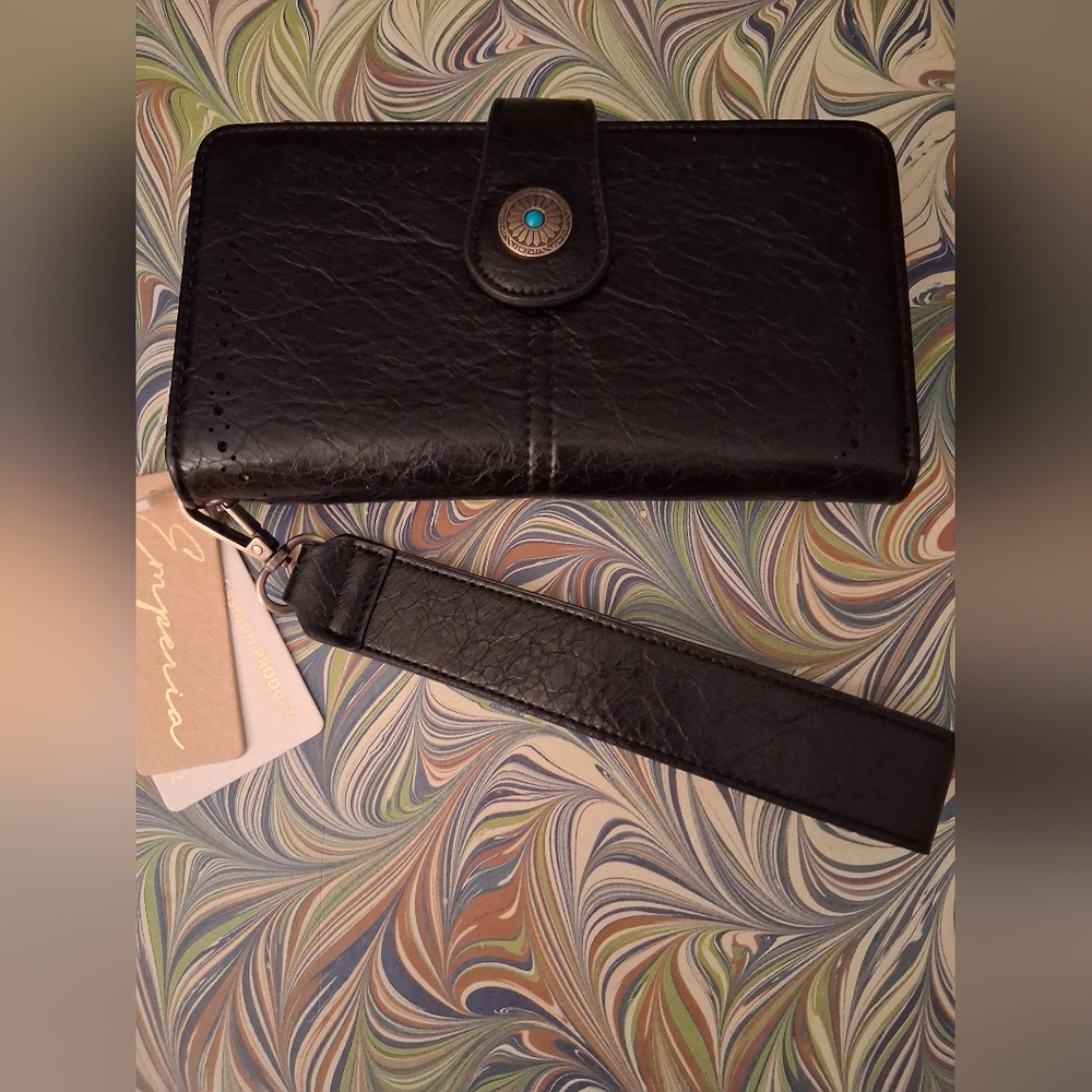 Black Vegan  Leather Wallet with Concha Faux  Turquoise Accent NWT